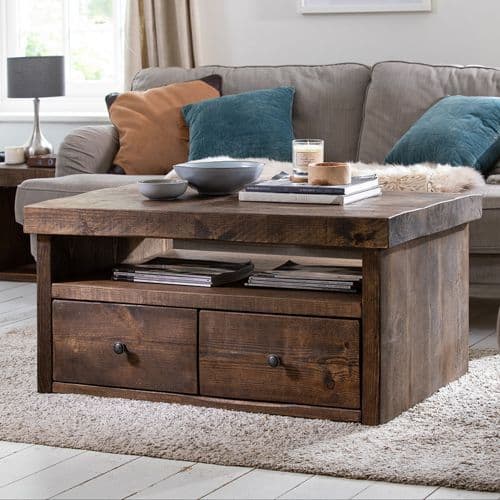 Rustic Solid Wood Coffee Table With Drawers, Solid Coffee Table Wood
