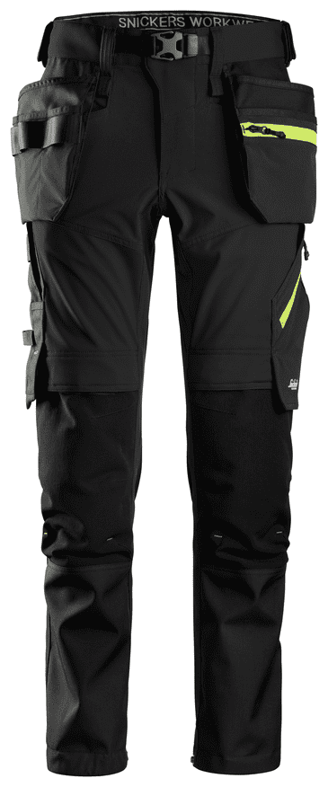 Snickers 6940 FlexiWork Softshell Stretch Work Trousers Holster Pockets (Black/Neon Yellow)